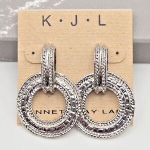 Kenneth Jay Lane Textured Silver Tone Circle Drop Post‎ Earrings Door Knockers